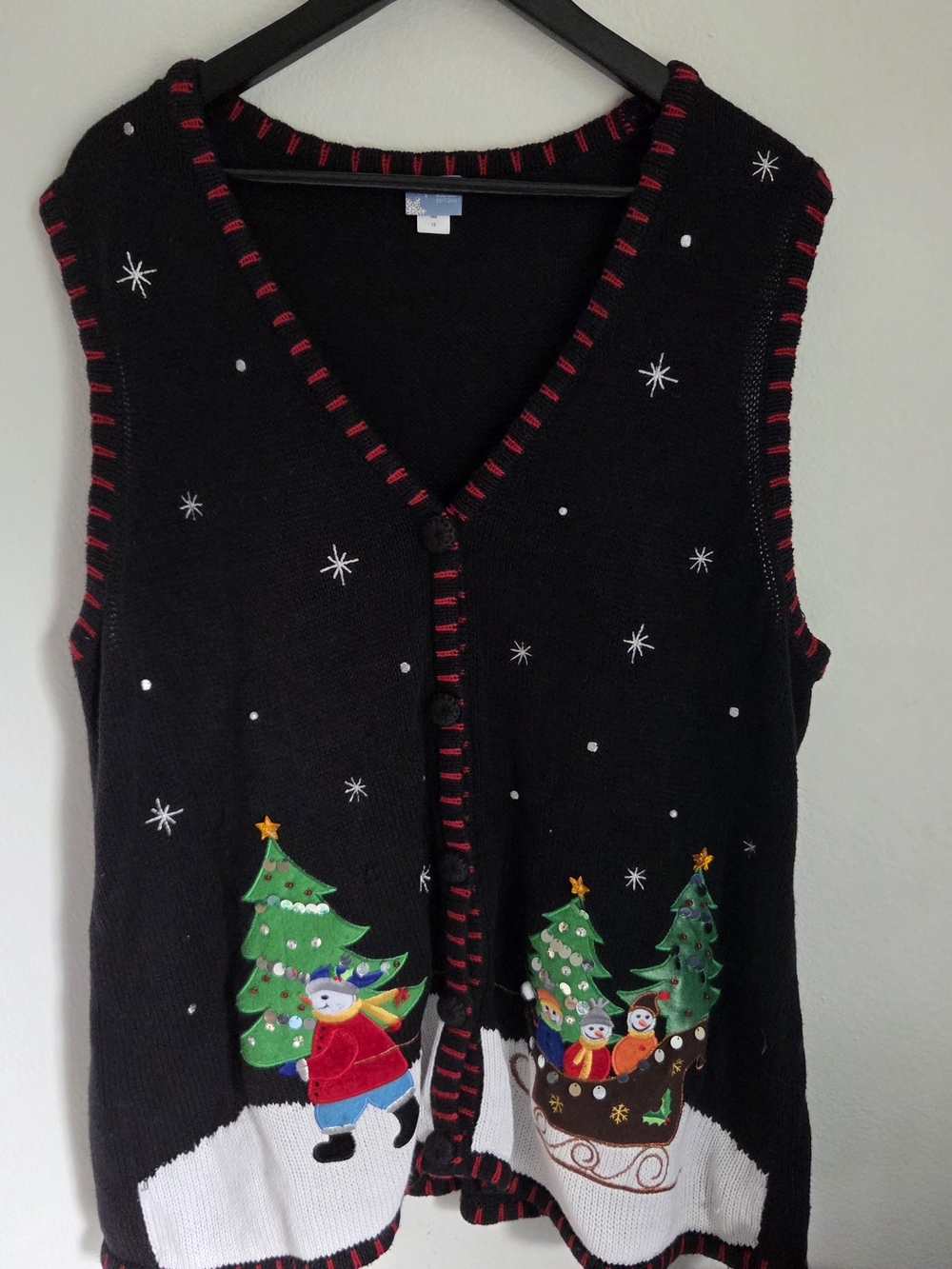Holiday Editions Black Knit Vest with Red Accent Christmas Snowman